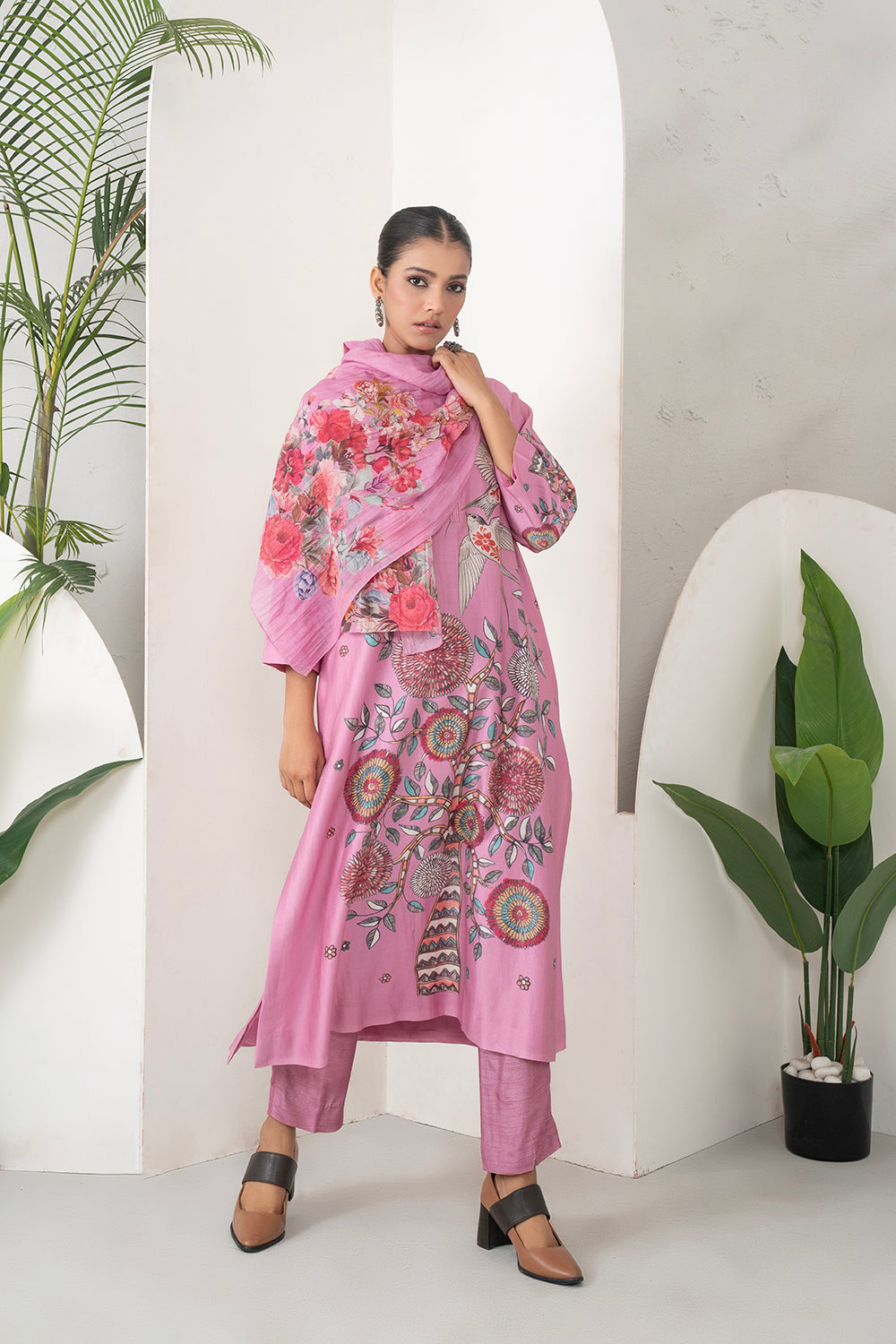 Salmon Pink Silk Chanderi Printed Intricate Bird And Floral Printed Tunic (1 PC)