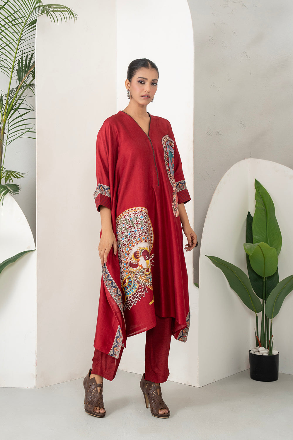 Maroon Silk Chanderi Bold Peacock Printed Zippered Kaftan (1 PC)