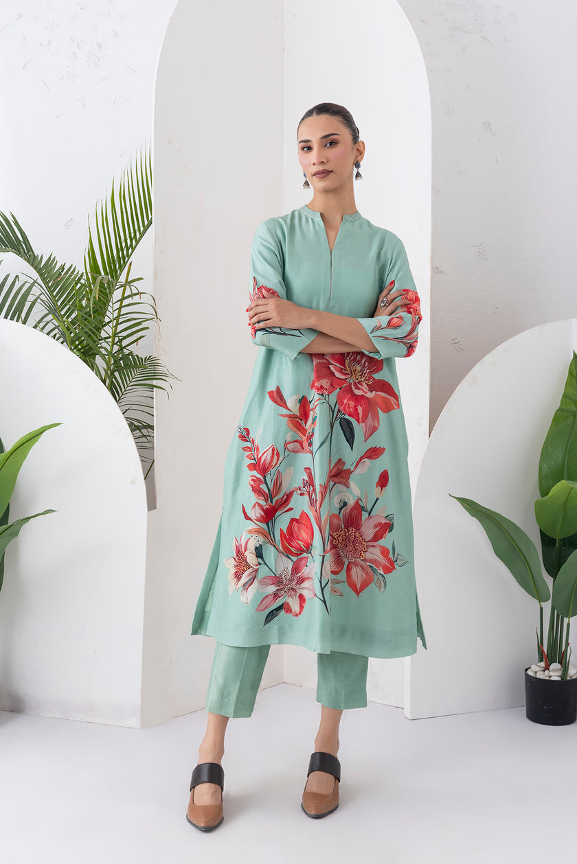 Mint Green Silk Chanderi Bloom-Inspired Printed Tunic (1 PC)