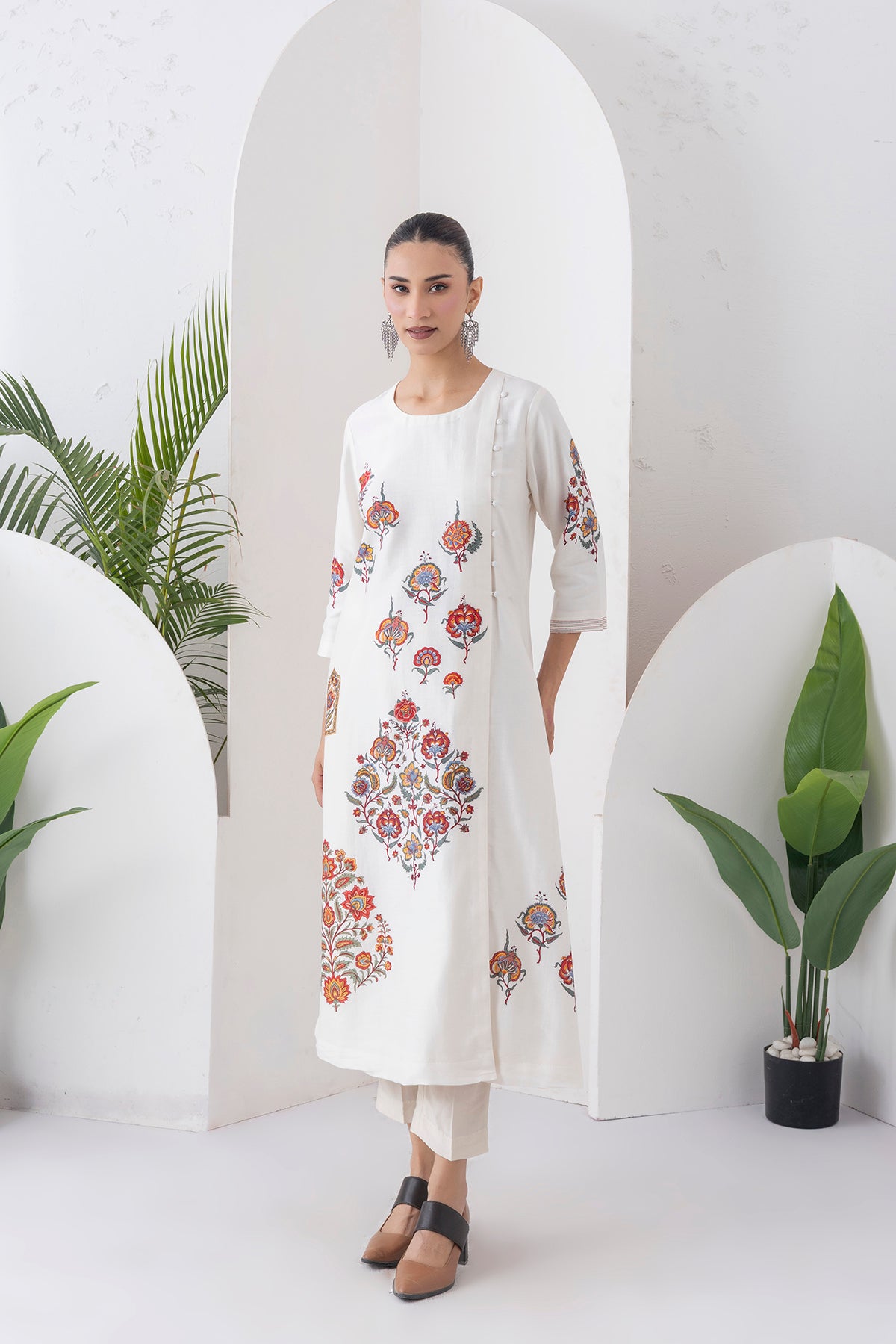 Ivory Silk Chanderi Printed Side Panel Dress (1 PC)