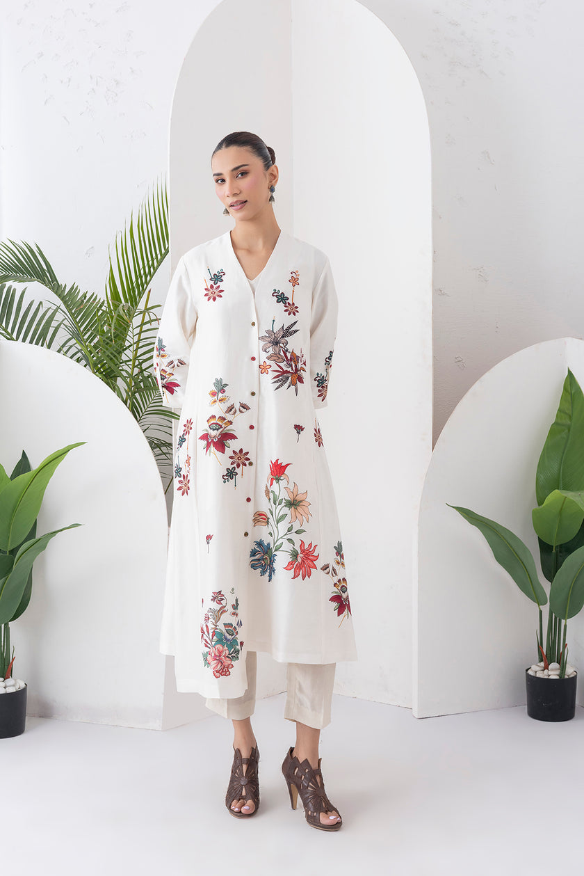 Ivory Silk Chanderi Printed High-Low Dress (1 PC)
