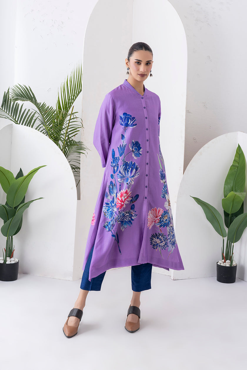 Lavender Silk Chanderi Front Open Printed Dress (1 PC)