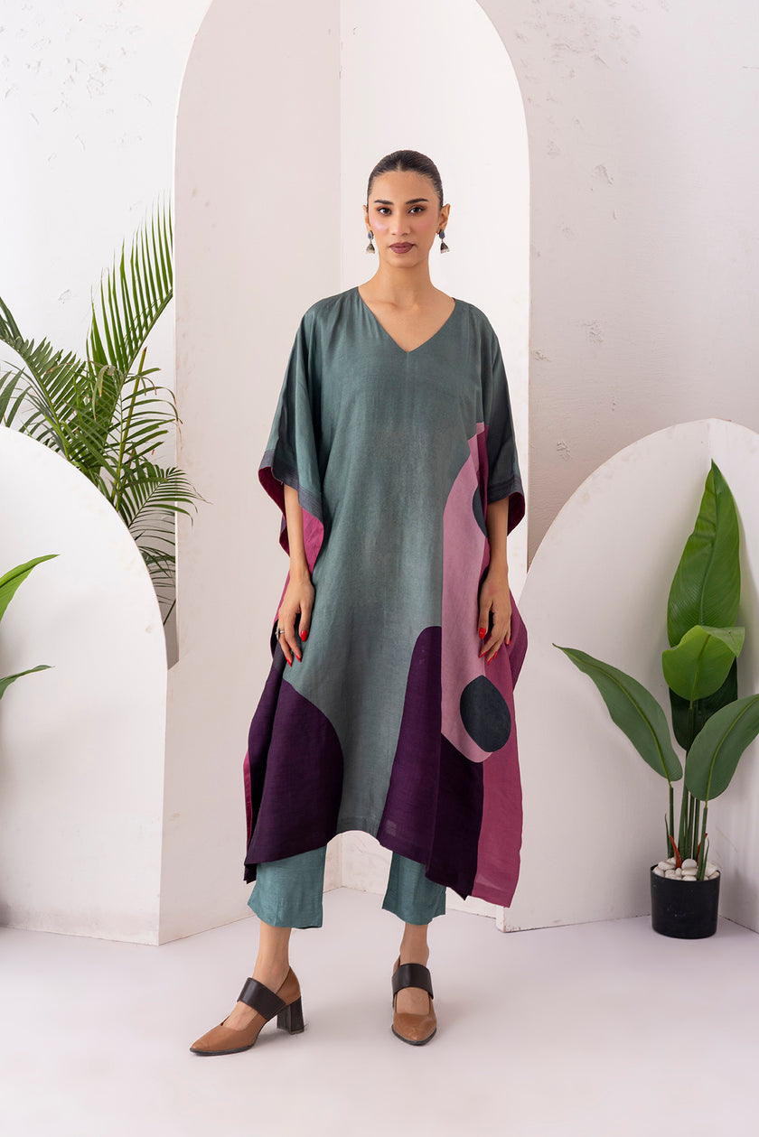Sage Green & Salmon Pink Viscose Dupion Printed Kaftan (1 PC)
