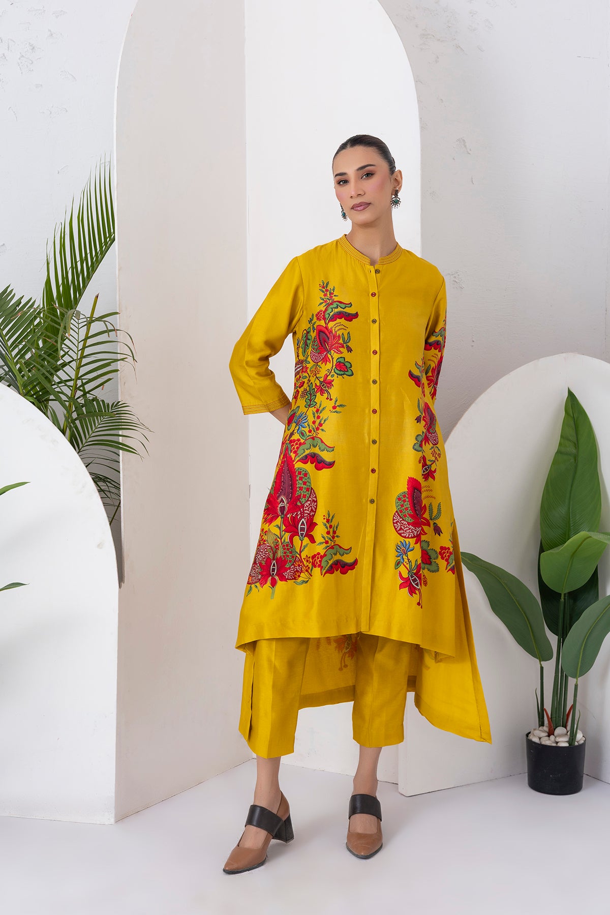 Yellow Silk Chanderi Printed Front Open Floral High-Low Dress (1 PC)
