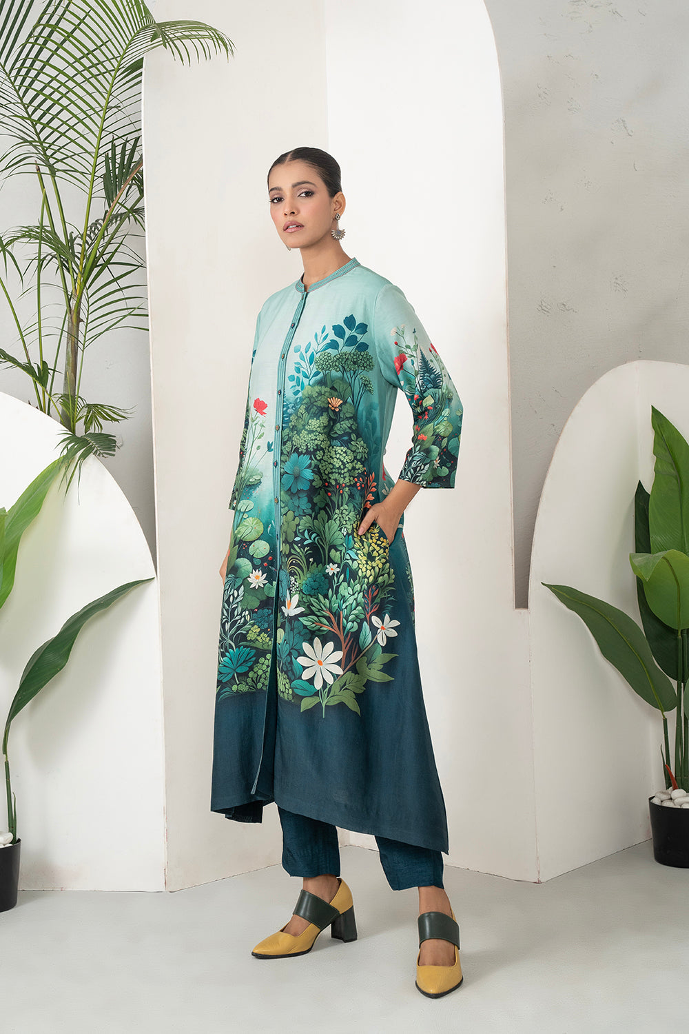Blue Fades Gently From Mint To Midnight Silk Chanderi Hand-Painted Garden Printed Dress (1 PC)