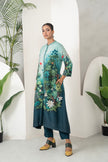 Blue Fades Gently From Mint To Midnight Silk Chanderi Hand-Painted Garden Printed Dress (1 PC)