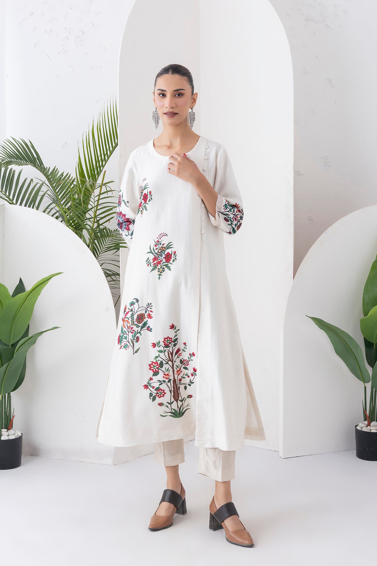 Ivory Silk Chanderi Floral Boota Printed Dress (1 PC)