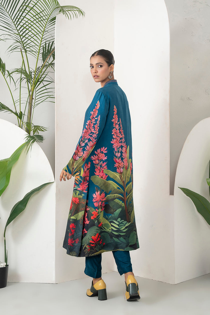 Indigo Silk Chanderi Front-Pleated Tropical Floral Illustration Printed Dress (1 PC)
