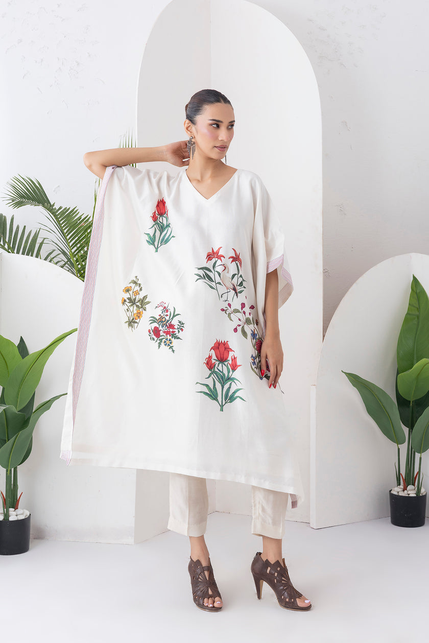 Ivory Silk Chanderi Floral Printed Kaftan (1 PC)