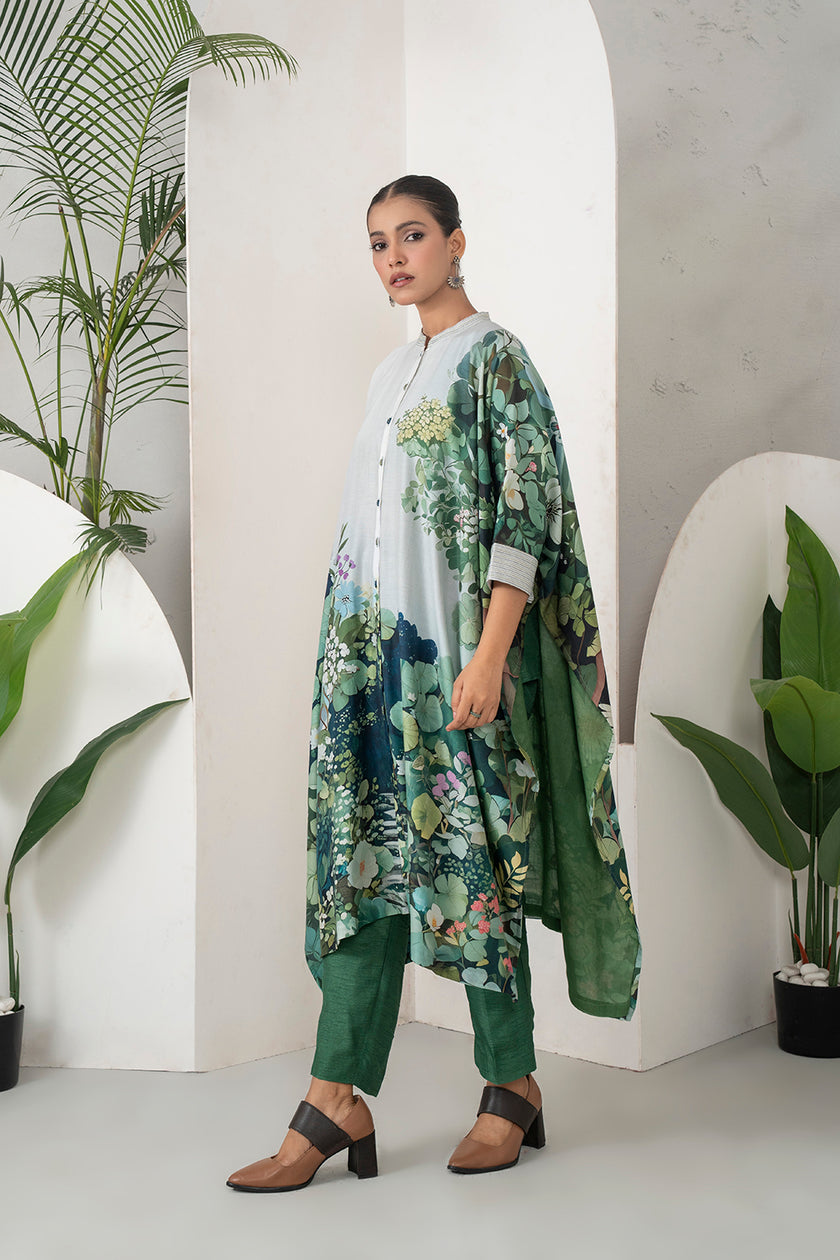 Ivory Silk Chanderi Vivid Garden Illustration Printed Kaftan (1 PC)