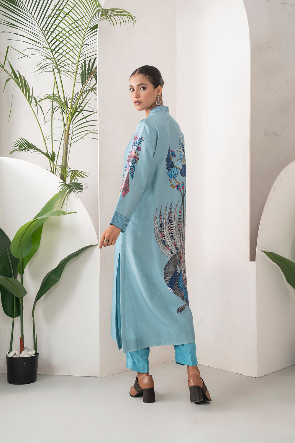 Sky Blue Silk Chanderi Striking Peacock Illustration Printed Tunic (1 PC)