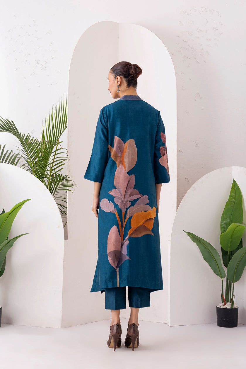 Indigo Silk Chanderi Leaf Printed Dress (1 PC)