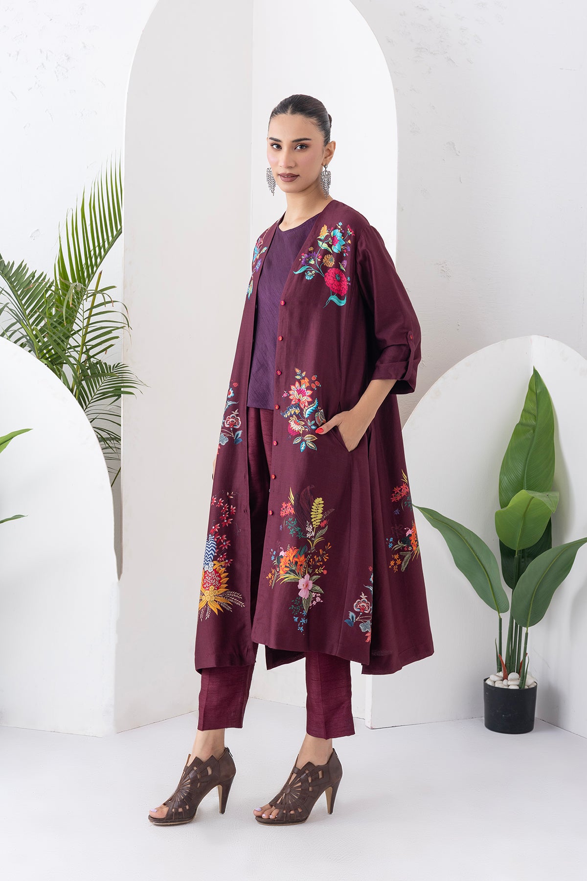 Chocolate Brown Silk Chanderi Printed High-Low Dress (1 PC)