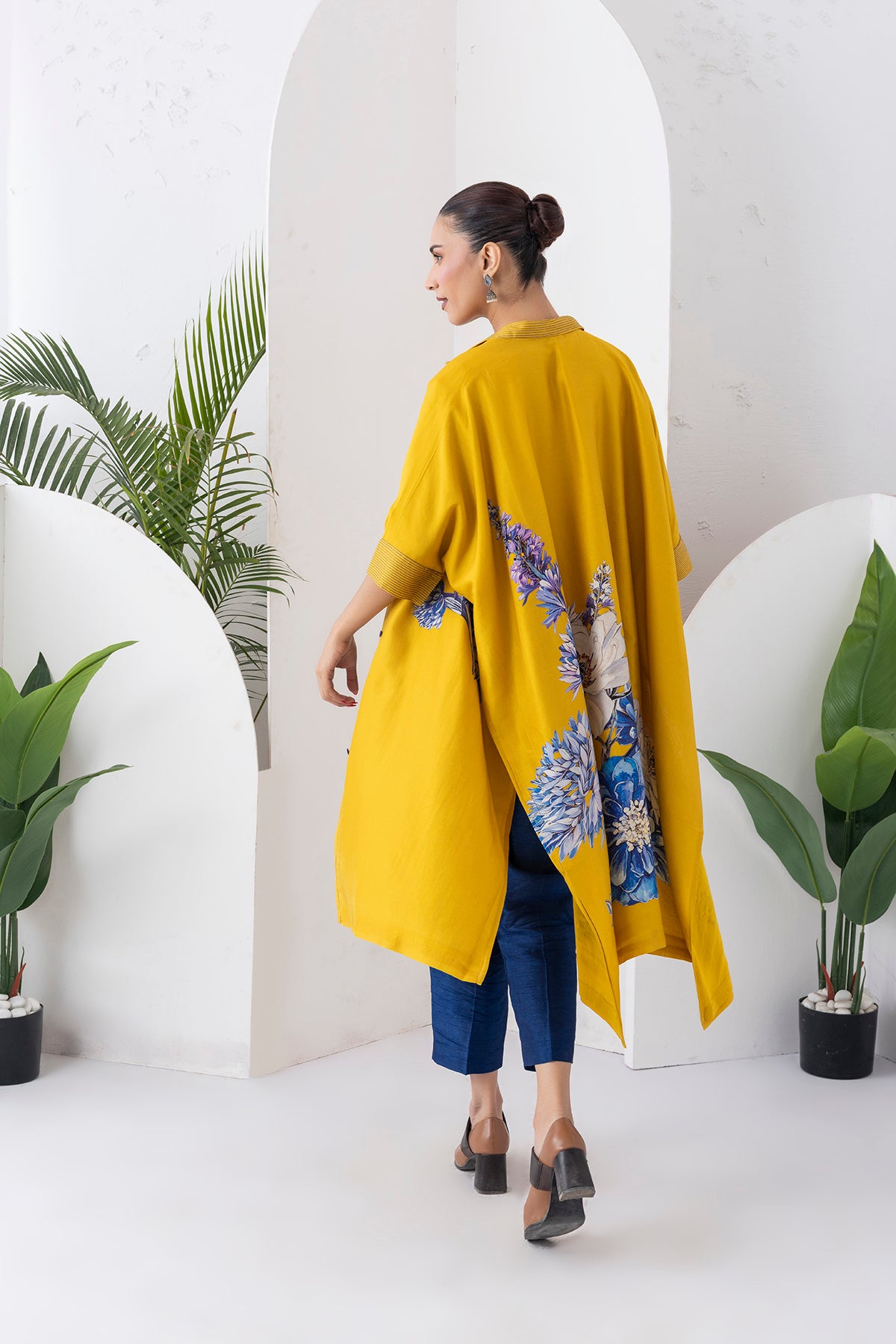 Yellow Silk Chanderi Front Open Kaftan Style Printed Dress (1 PC)