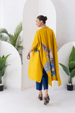 Yellow Silk Chanderi Front Open Kaftan Style Printed Dress (1 PC)