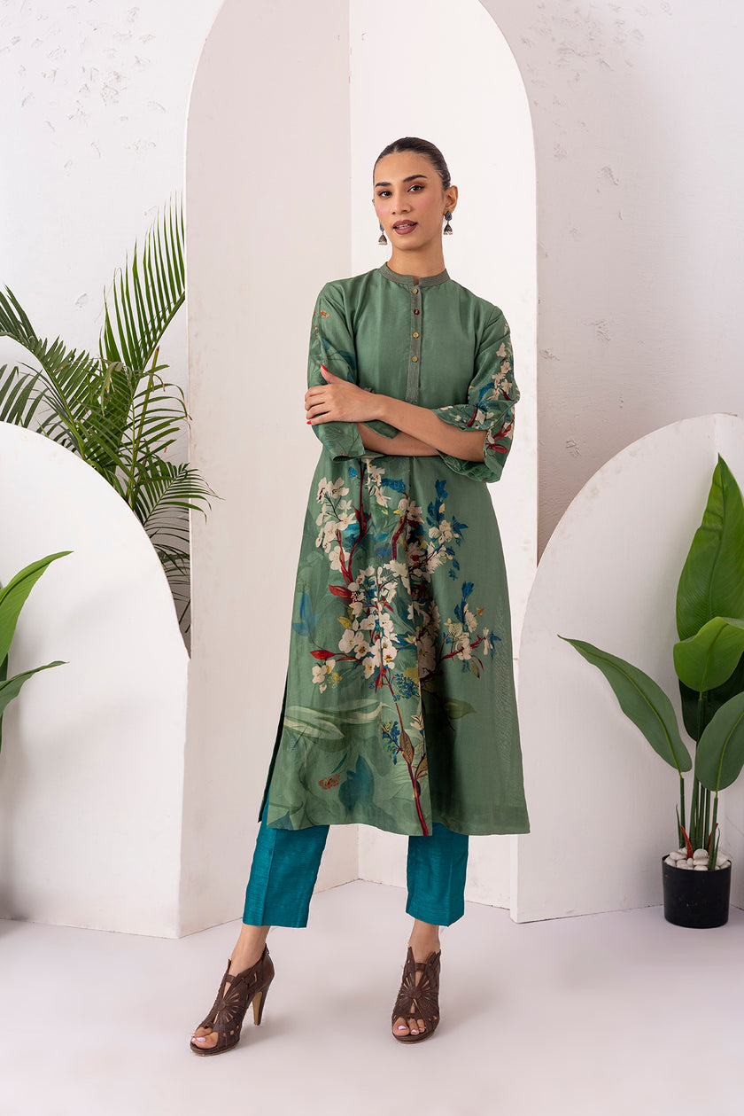 Sage Green Silk Chanderi Printed Front Pleat Tunic (1 PC)