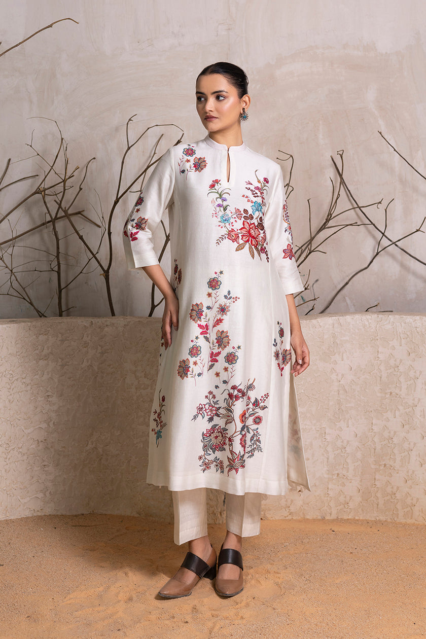 Ivory Silk Chanderi Floral Printed tunic (1 PC)