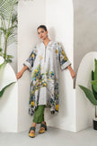 Grey Silk Chanderi Painterly Landscape Printed Zippered Dress (1 PC)