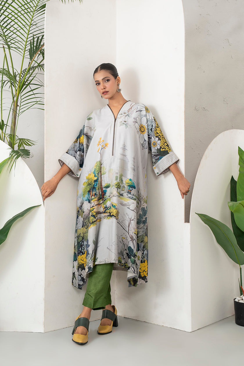 Grey Silk Chanderi Painterly Landscape Printed Zippered Dress (1 PC)