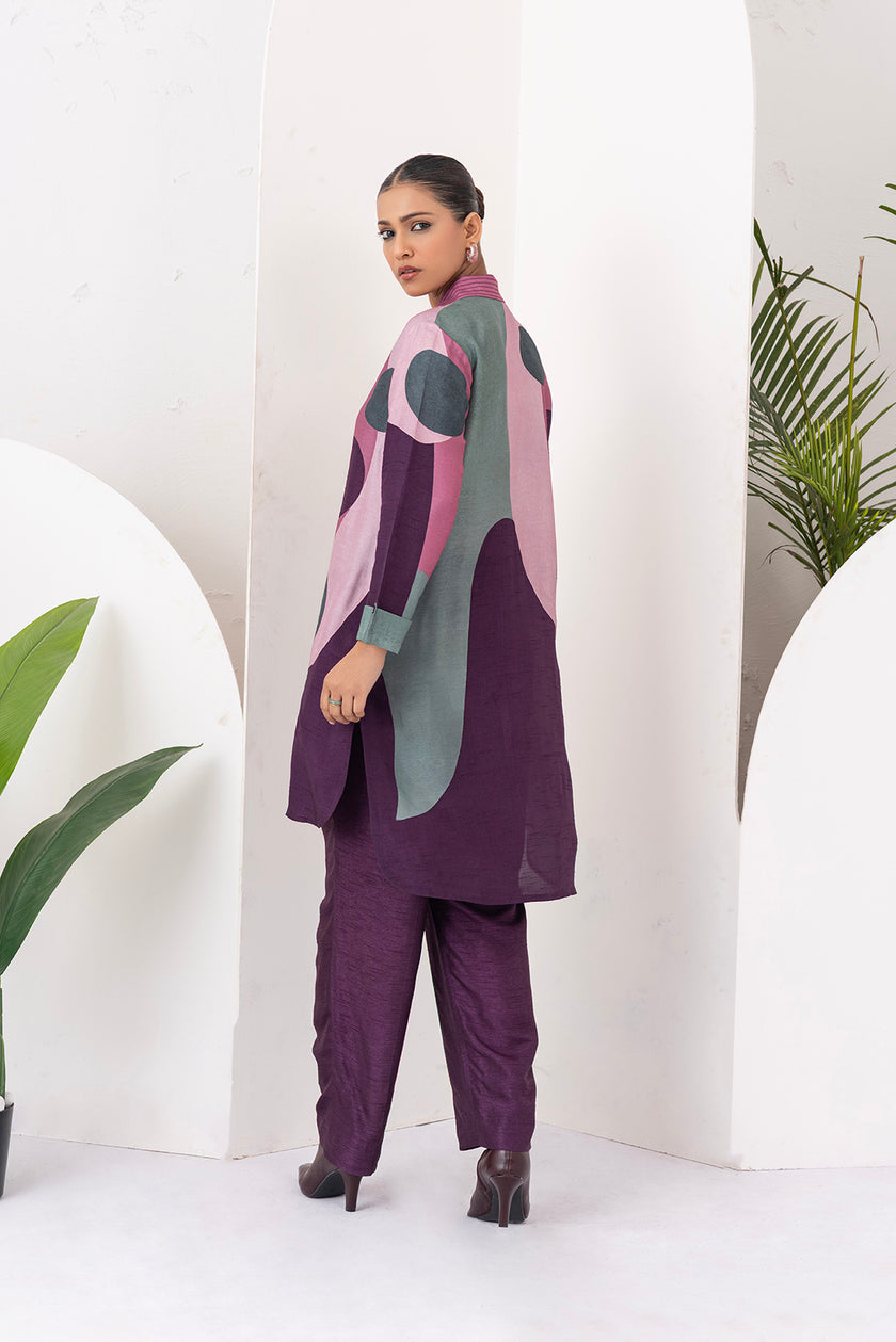 Salmon Pink & Wine Viscose Dupion Printed Shirt Style Tunic (1 PC)
