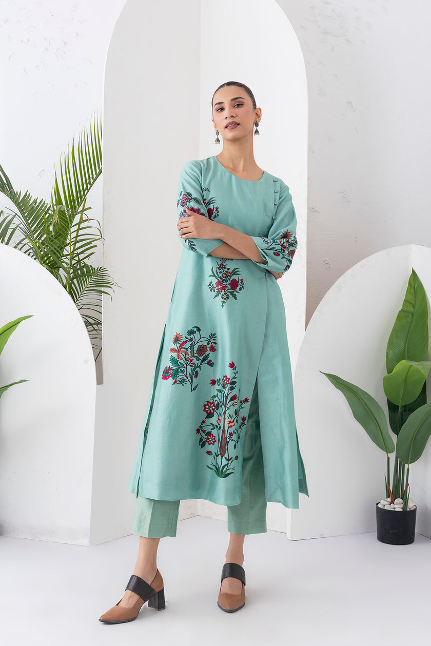 Mint Silk Chanderi Floral Boota Printed Dress (1 PC)