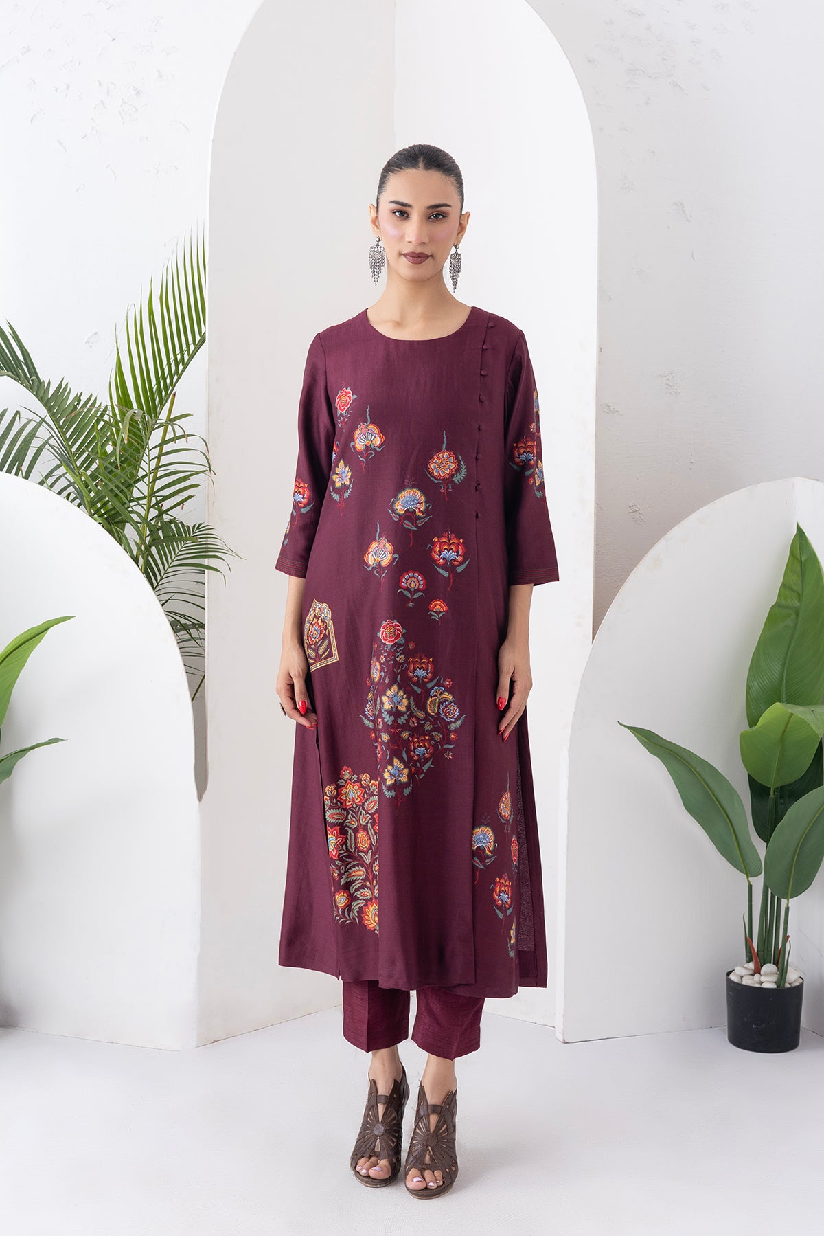 Chocolate Brown Silk Chanderi Printed Side Panel Dress (1 PC)