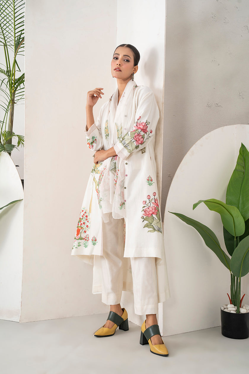 Ivory Silk Chanderi Miniature Art Printed High-Low Dress (1 PC)