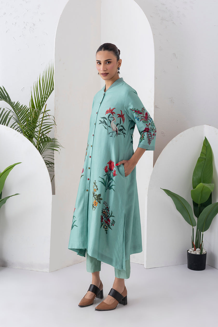 Mint Silk Chanderi Floral Printed Front Open Dress (1 PC)