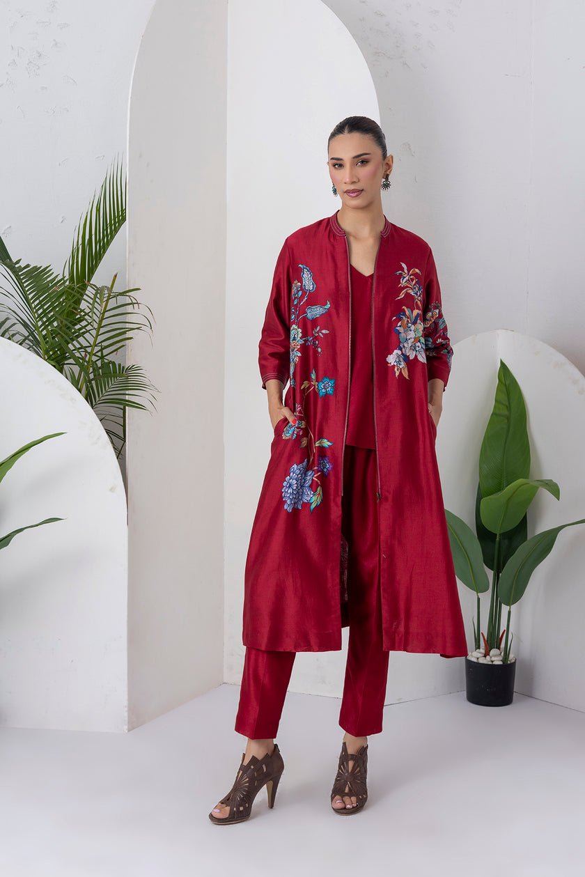 Maroon Silk Chanderi Floral Printed Front Open Dress (1 PC)