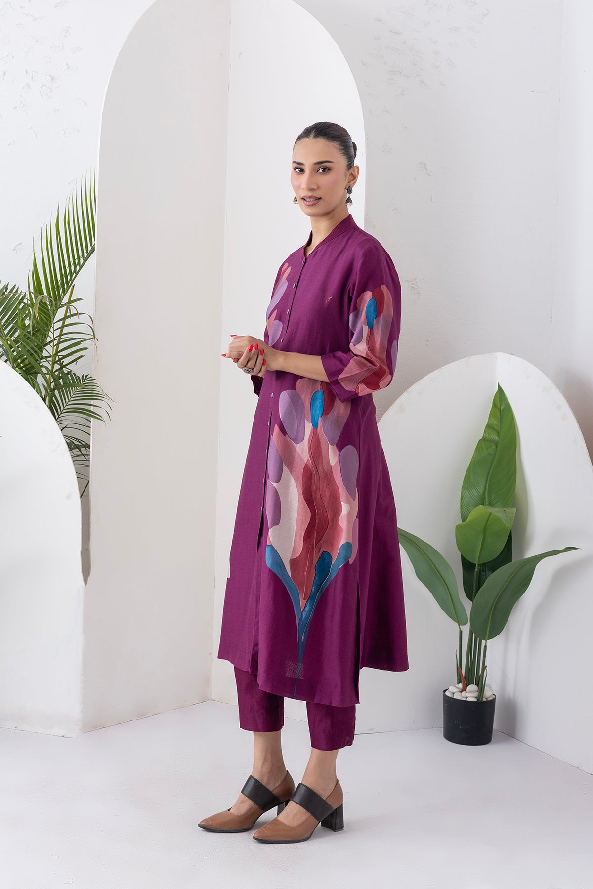 Wine Silk Chanderi Printed Dress (1 PC)