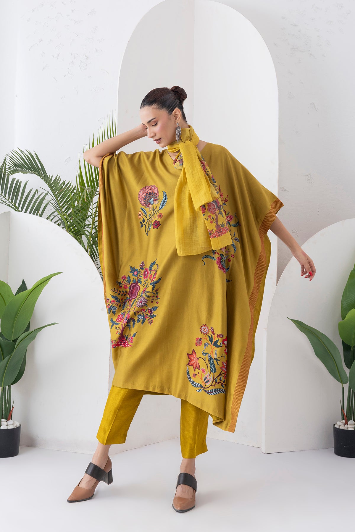 Mustard Silk Chanderi Chintz Printed Kaftan (1 PC)