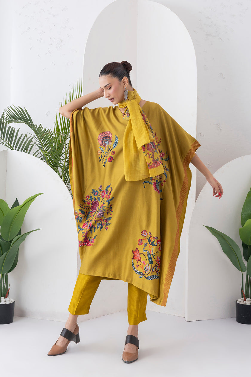 Mustard Silk Chanderi Chintz Printed Kaftan (1 PC)