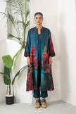 Deep Teal Fades Into Twilight Blue Silk Chanderi Forest Scene Printed Dress (1 PC)