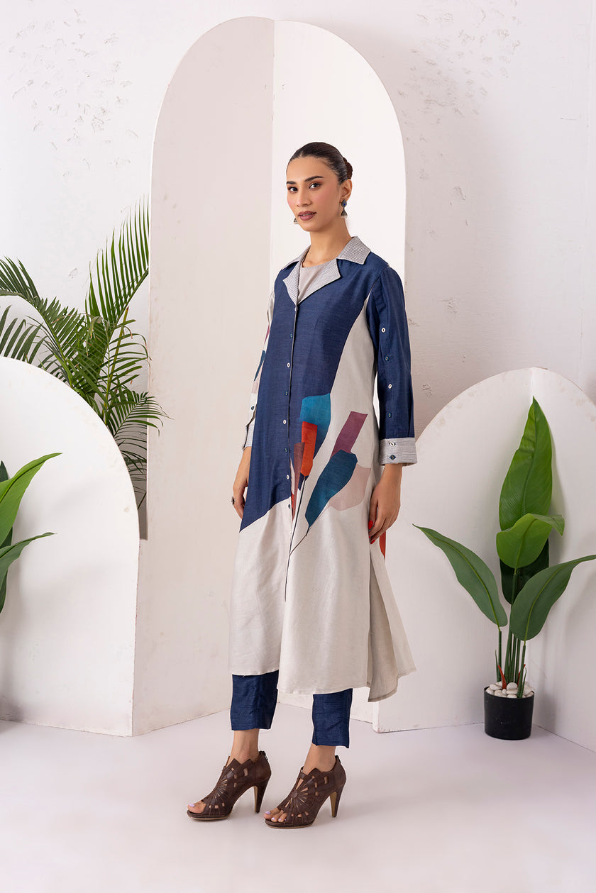 Blue & Ivory Silk Chanderi Printed Front Open Dress (1 PC)