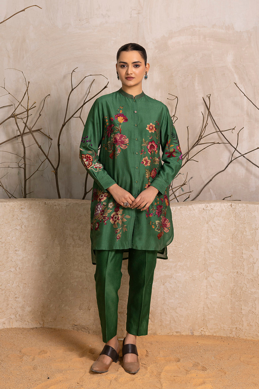 Green Silk Chanderi Floral Printed Shirt Style Tunic (1 PC)
