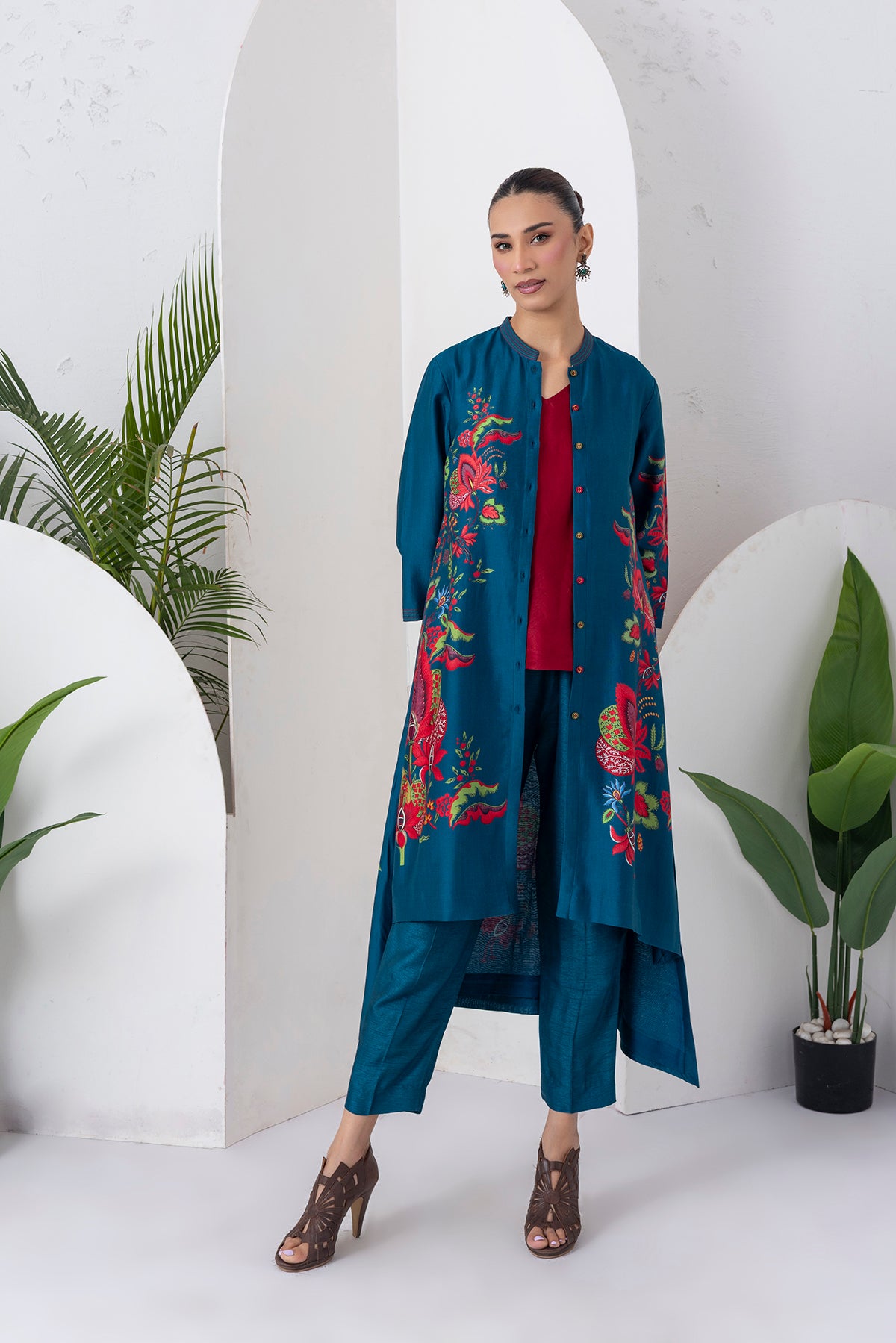 Indigo Silk Chanderi Printed Front Open Floral High-Low Dress (1 PC)