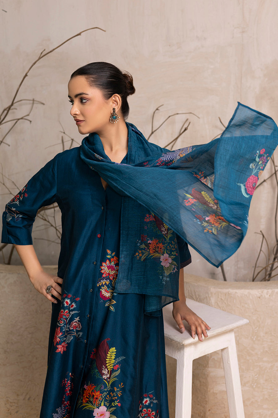 Indigo Silk Chanderi Printed High-Low Dress (1 PC)