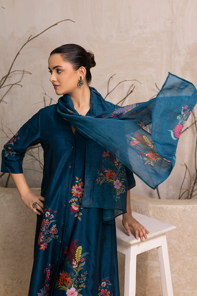 Indigo Silk Chanderi Printed High-Low Dress (1 PC)