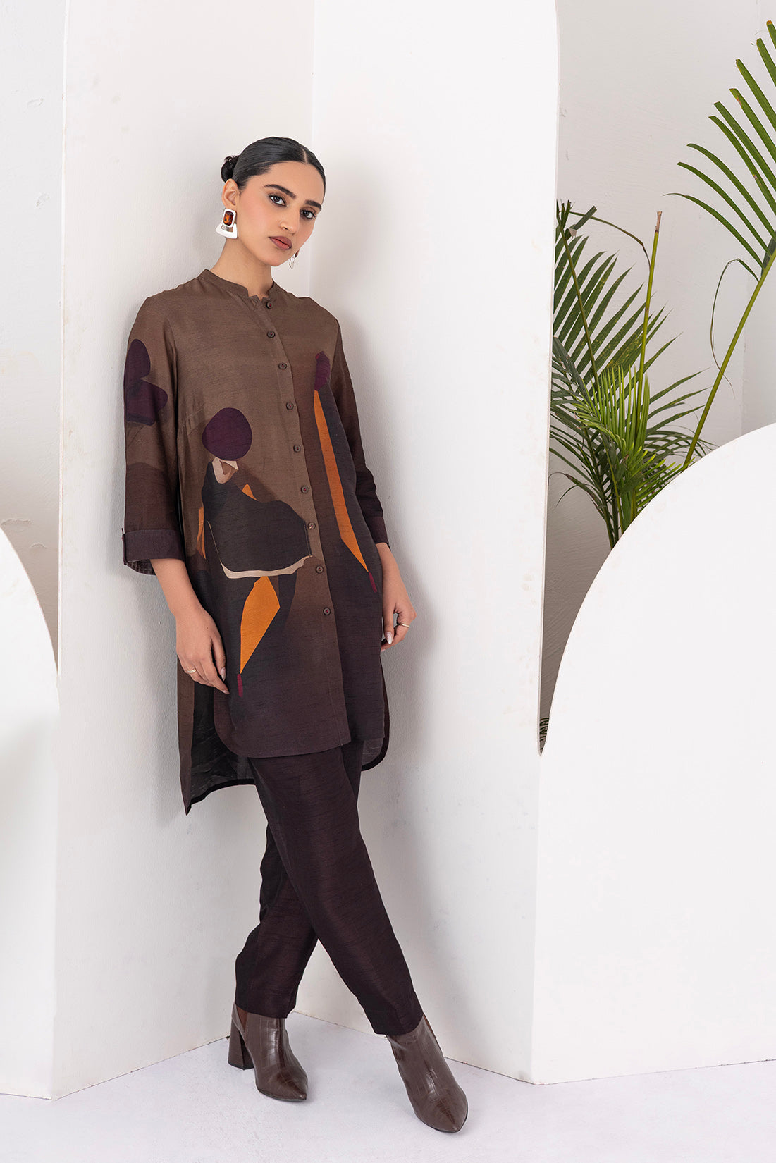 Shades Of Brown Viscose Dupion Printed Shirt Style Tunic (1 PC)