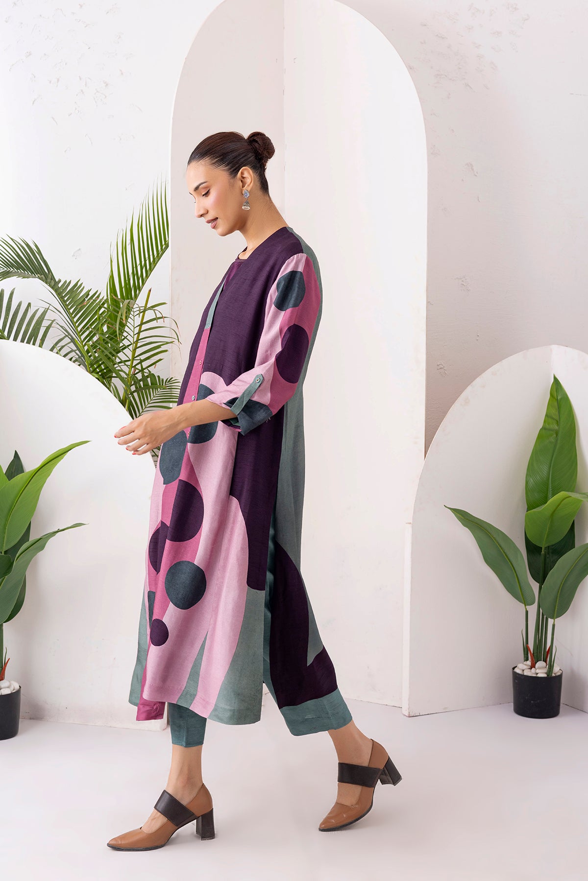 Salmon Pink & Wine Viscose Dupion Printed Dress (1 PC)