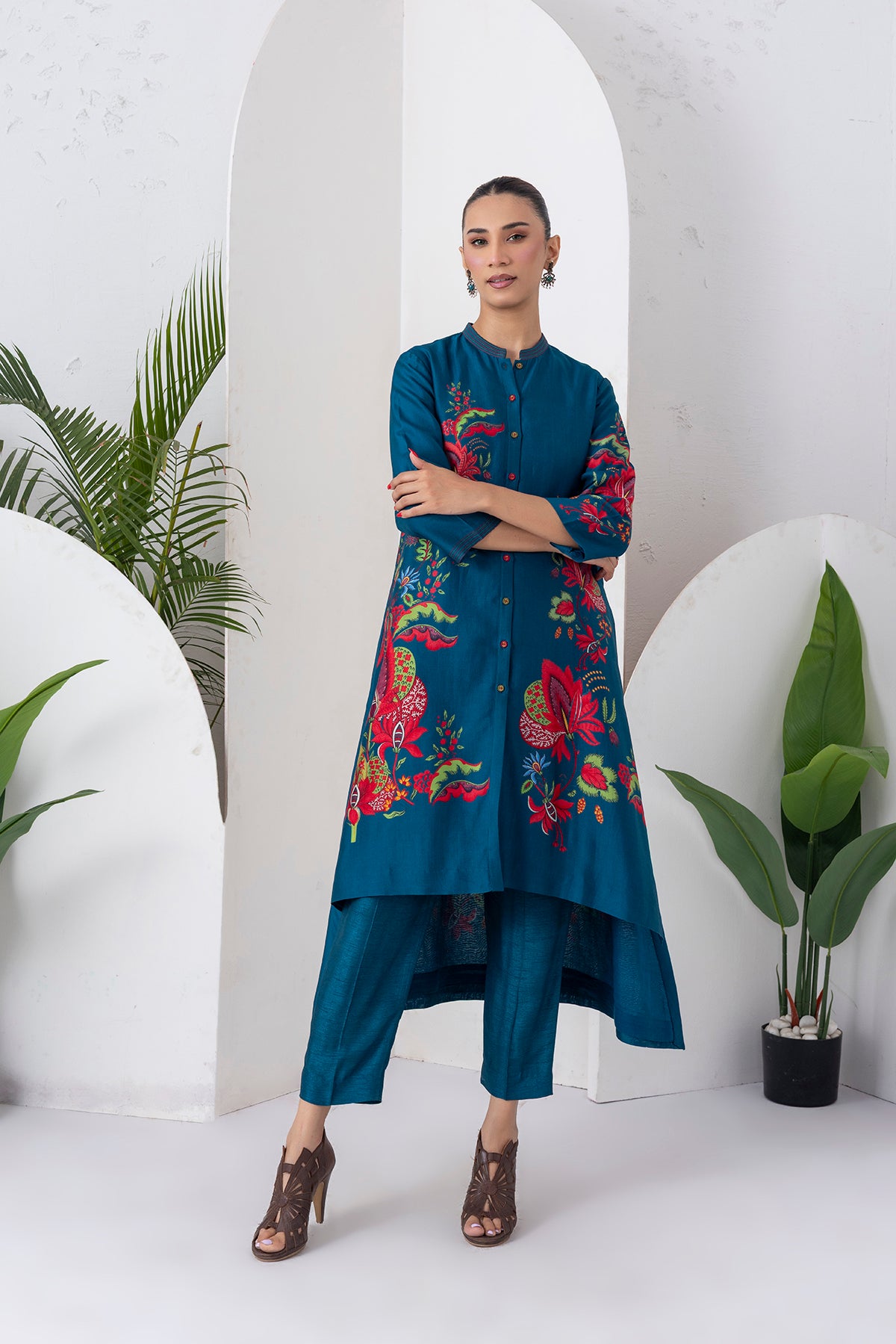 Indigo Silk Chanderi Printed Front Open Floral High-Low Dress (1 PC)