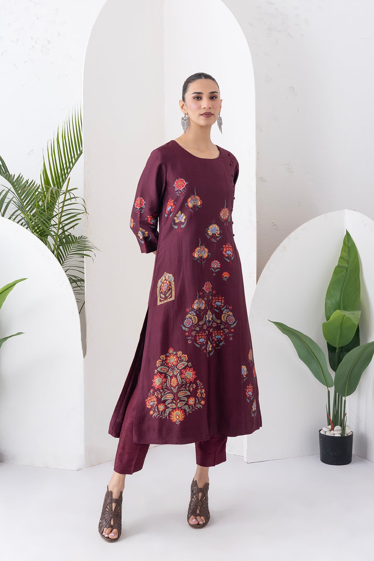Chocolate Brown Silk Chanderi Printed Side Panel Dress (1 PC)