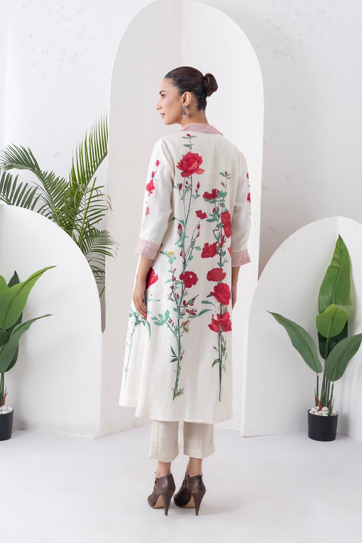Ivory Silk Chanderi Front Open Printed Dress (1 PC)