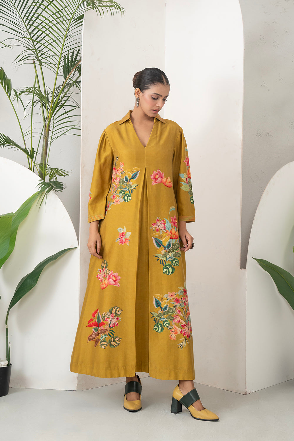 Mustard Silk Chanderi Front Pleat Detailed Colourful Floral Printed Dress (1 PC)