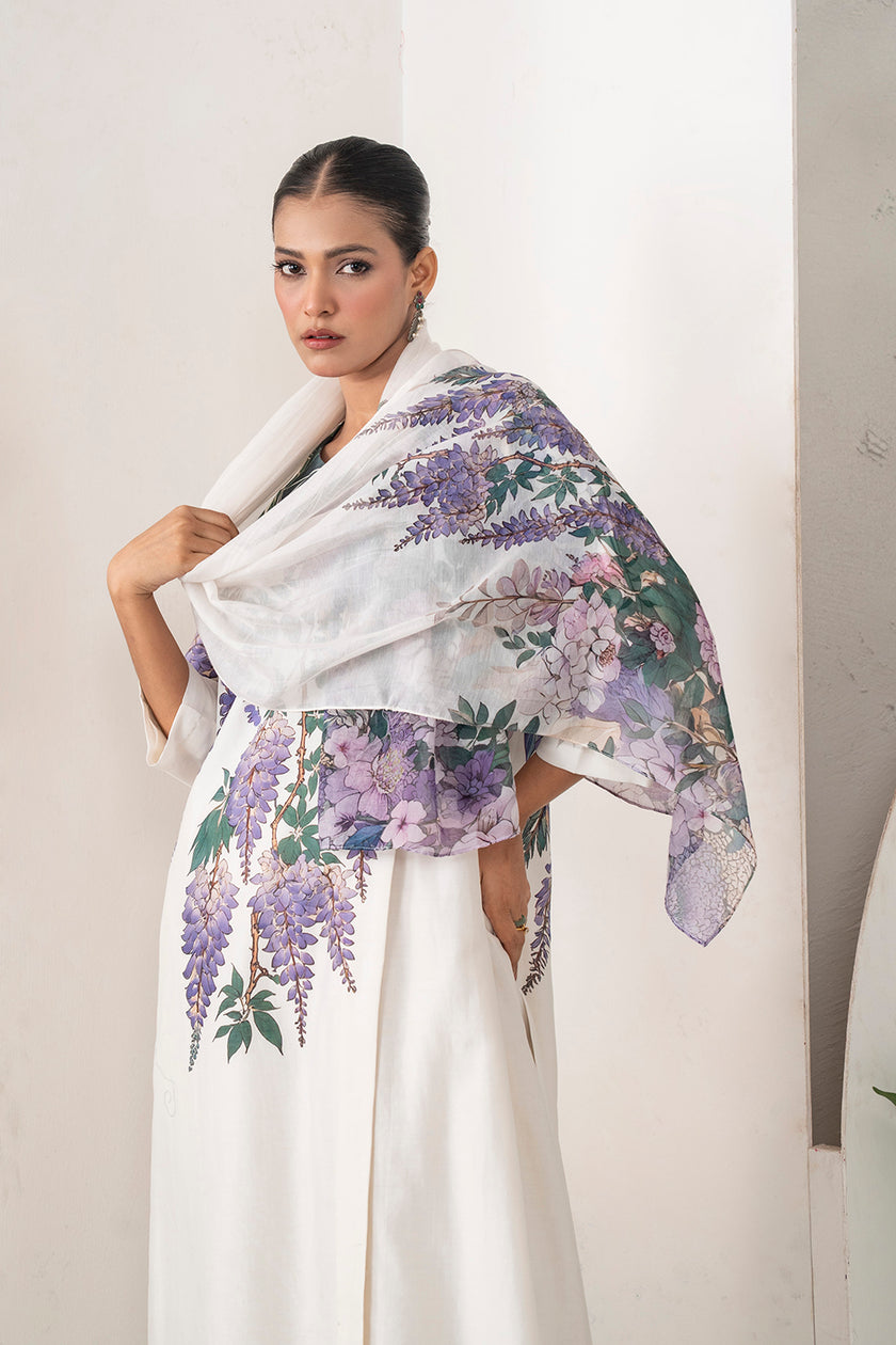 Ivory Silk Chanderi Side Panel Wisteria Printed Dress (1 PC)