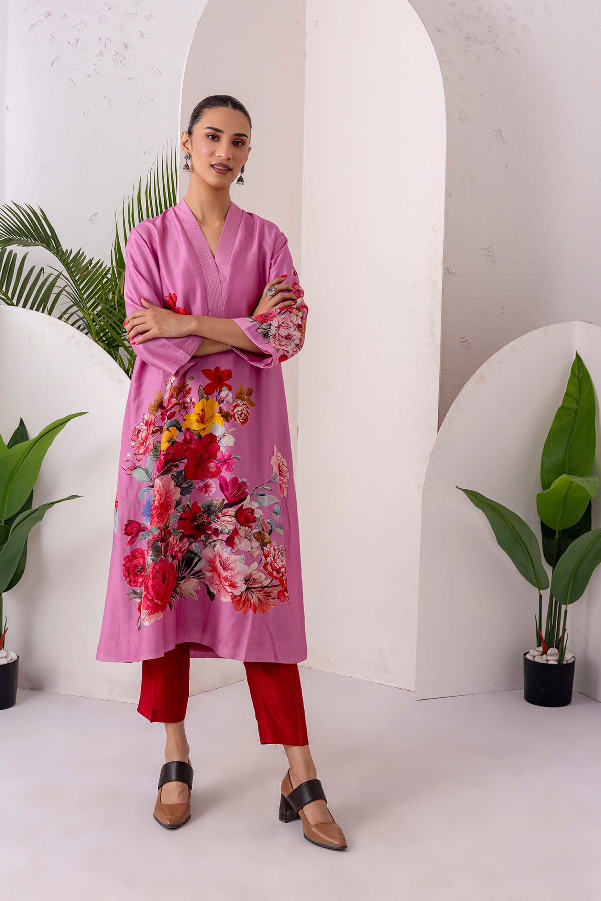 Salmon Pink Silk Chanderi Printed Tunic (1 PC)