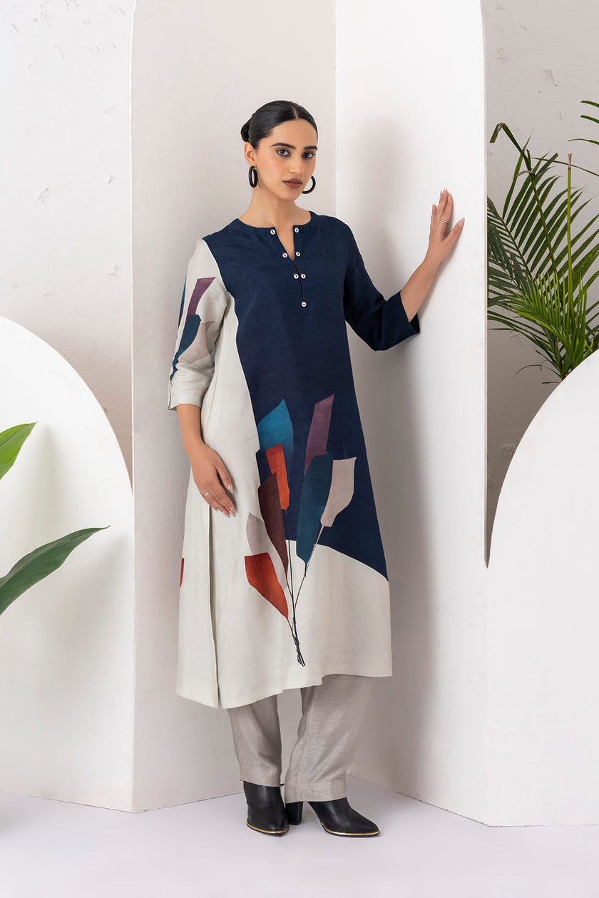 Blue & Ivory Viscose Dupion Printed Tunic (1 PC)