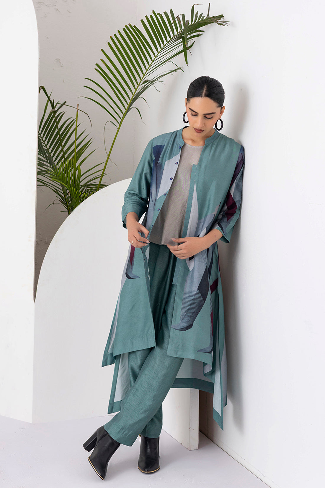 Sage Green Viscose Dupion Printed Dress (1 PC)