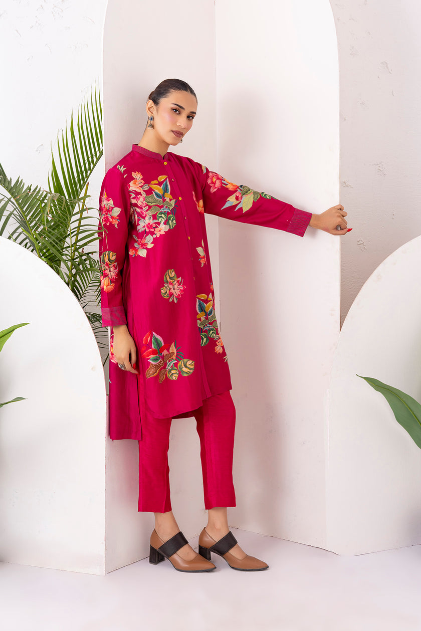Hot Pink Silk Chanderi Floral Printed Shirt Style Tunic (1 PC)