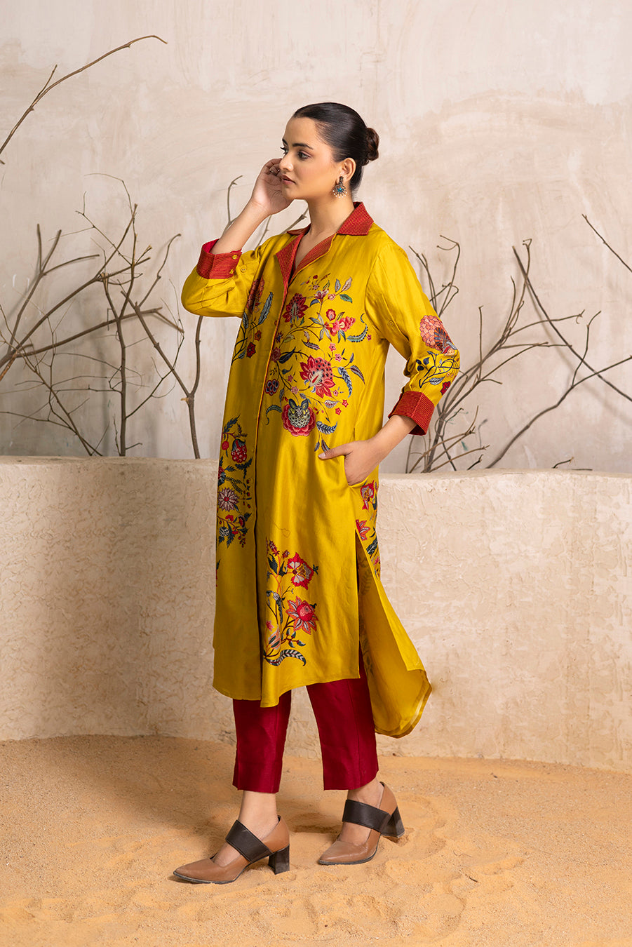 Yellow Silk Chanderi Chintz Printed Front Open Dress (1 PC)